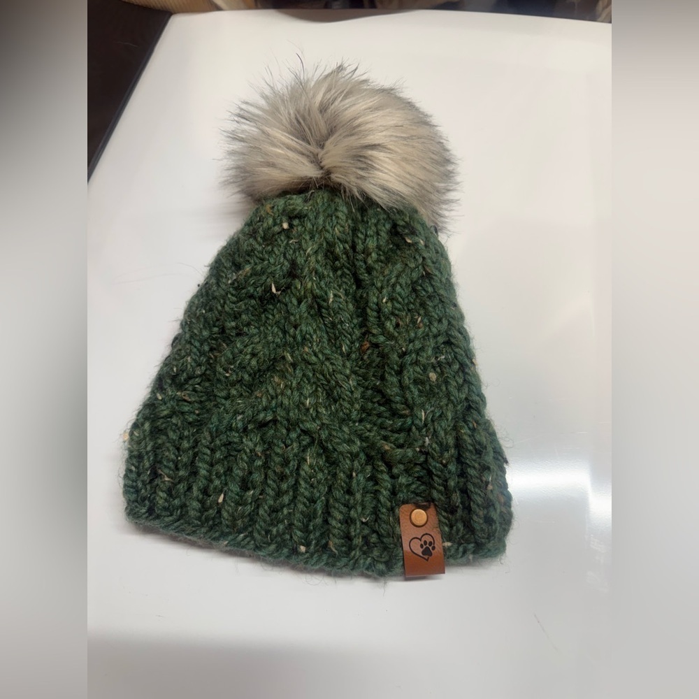 Hand Knit Vermont Beanie Hat Faux Fur Pom Handmade Green